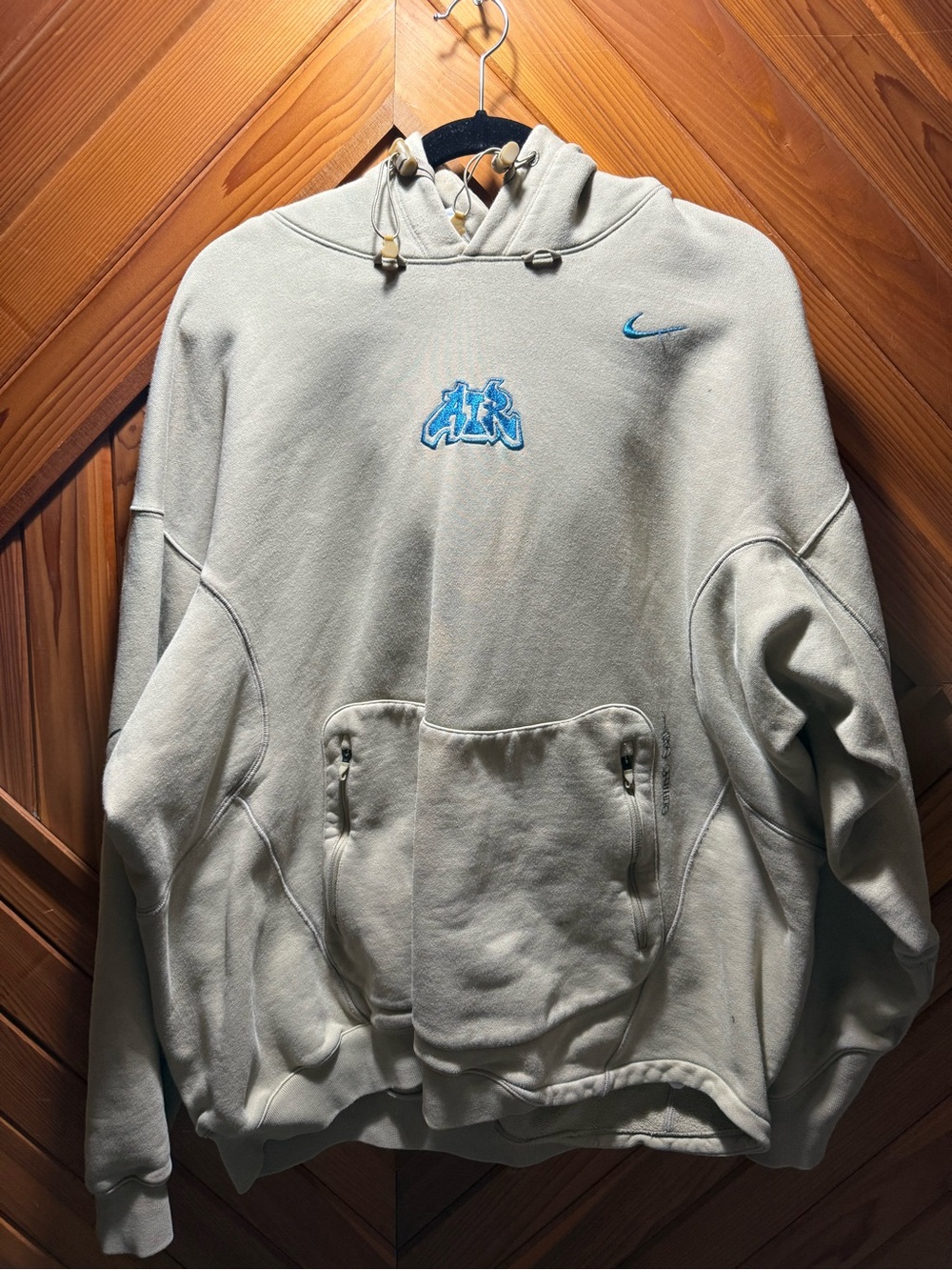 Off-White Cream Hoodie with Blue Embroidery